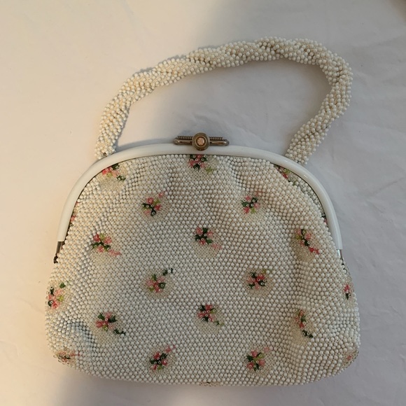 Bags Vintage 195 White Beaded Purse With Pink Flowers Poshmark
